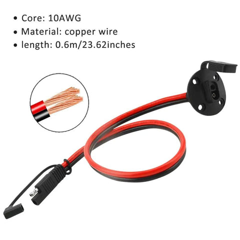 SAE Power Socket Sidewall Port Kit With Cap Easy Install 10AWG 23.62 Inch Quick Disconnect Panel Mount Power Cable