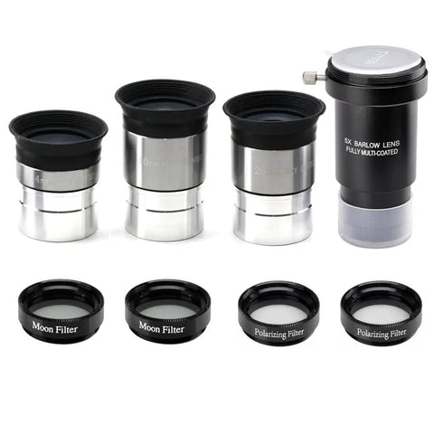 Comprehensive One Point Twenty Five Inch Telescope Eyepiece Set With 4mm 10mm 20mm Lenses Five X Barlow Lens Moon Filters Polarizing Filters