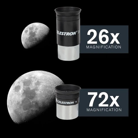 NexStar 130SLT Computerized Telescope With 130mm Aperture showing 26x and 72x magnification with lunar views