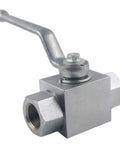 Front view of 1/2-inch NPT hydraulic ball valve with lever handle, two-port shut-off, metal body