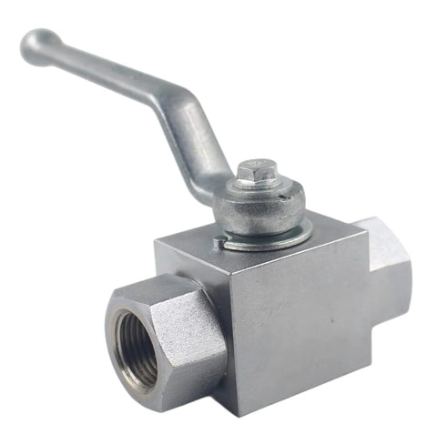 Front view of 1/2-inch NPT hydraulic ball valve with lever handle, two-port shut-off, metal body
