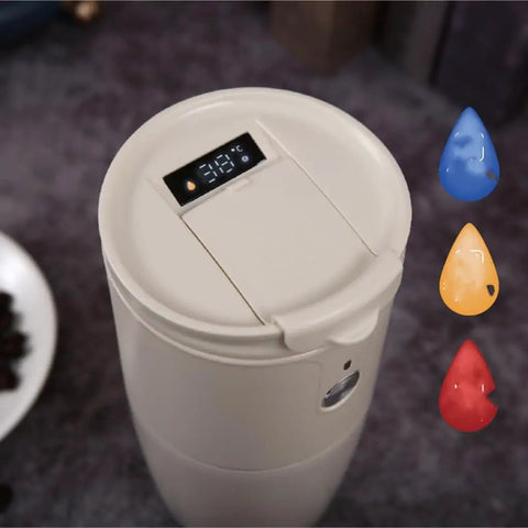 Top view of Compact Portable Coffee Maker With Built In Automatic Bean Grinder displaying temperature screen and lid.