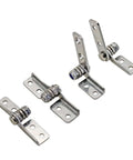Front view of four stainless steel damping cabinet hinges with adjustable torque.