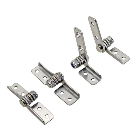 Front view of four stainless steel damping cabinet hinges with adjustable torque.