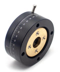 Ultra-Precise Rotary Fine Adjustment Stage With Slick Knob Feed For Vision Coupling, Optical Alignment And Micro-Displacement Control, Durable Anodized Aluminum Platform REG60. Close-up of the device showing the marked rotary dial and screw fitting.