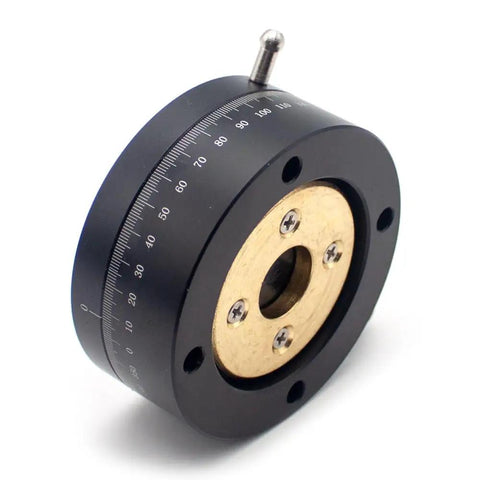Ultra-Precise Rotary Fine Adjustment Stage With Slick Knob Feed For Vision Coupling, Optical Alignment And Micro-Displacement Control, Durable Anodized Aluminum Platform REG60. Close-up of the device showing the marked rotary dial and screw fitting.