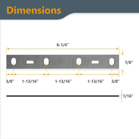 Dimensions of Top Shelf 6 Inch Jointer Blades Replacement Knives For Porter Cable PC160JT and PC37072, including length and width measurements.