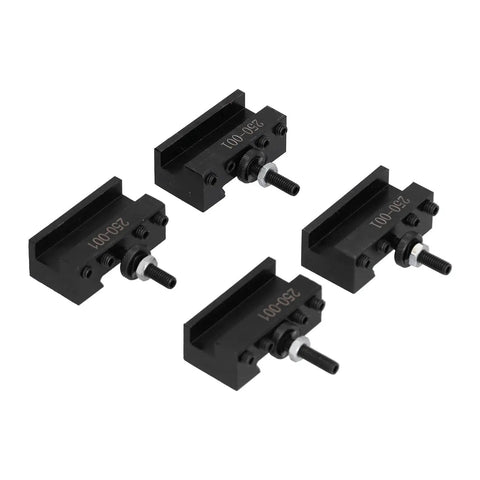 Four Piece Tool Post Holder Set For Turning, Facing And Boring Tasks With Piston Wedge Hardware, Pro Grade High Speed Steel CNC Fixture, Heavy Duty Machining Component For Industrial Lathe. Four black steel holders shown on white background.