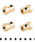 Four brass motor mounting collars with hex ends and side set-screw holes; central bore for small DC gear motors.