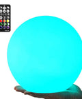 8 Inch LED Night Light Ball with Remote, 16 RGB Colors, shown glowing blue, held above a hand with remote visible.