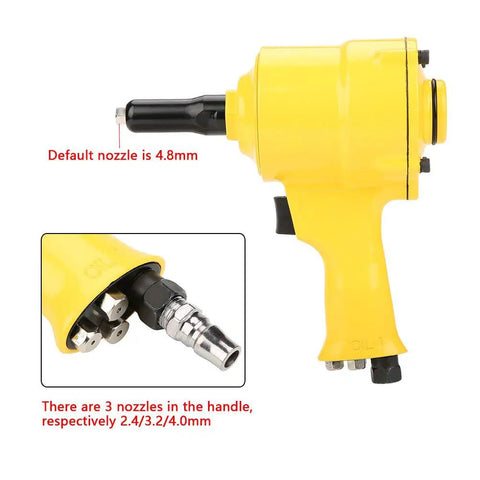 Professional Grade Pneumatic Rivet Gun With Knockout Grip Design And Killer Pull Power Air Powered Riveting Tool, showing 4.8mm nozzle.