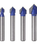 Front view of Yakamoz 4-piece 1/4in shank 90-degree V-groove router bit set with blue coating; diameters 1/4-1/2 in