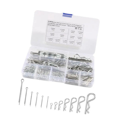 210 Piece Hairpin Cotter Pin Assortment Kit for Power Equipment R Clips in a Sturdy Storage Case with Labeled Sizes, All-In-One Bolt Security Set for Mowers, Trailers, Machinery, Quick Fixes, stainless steel