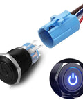 19mm Latching Pushbutton Switch With Dope Blue 12V LED Power Symbol 1NO 1NC SPDT On Off Waterproof Toggle Switch With Wire Socket Plug