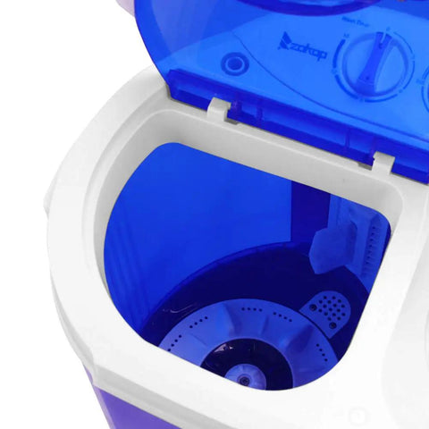 Twin Tub Semi Automatic Washer Engineered For A No Sweat Laundry Day With A Sleek Quiet Motor and open lid showing blue inner tub.