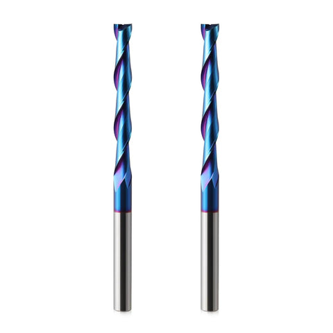 Front view of Extra Long Up Cut CNC Spiral Router Bits Set, One Quarter Inch Shank, Two Inch Cutting Length with Nano Blue Coating, Two Pack