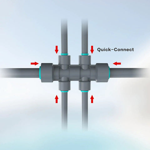 Diagram of 6 Way Plug And Play Quick Connector 12 To 6mm Drip Irrigation Kit Accessories For Garden Watering System showing connections.
