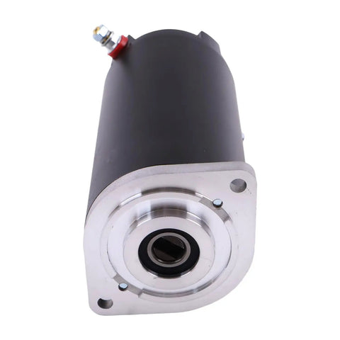 Hydraulic Pump Motor For Unidirectional Power Unit RV Leveling Systems With Heavy Duty Construction 7.5 Inch Height Aftermarket Replacement Compatible With Lippert displayed at an angle showing end view.