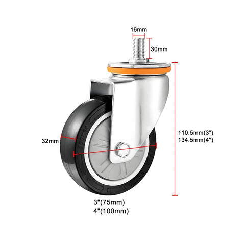 Beefy Heavy Duty PU Swivel Caster Wheels With MX Threaded Stem showing dimensions for industrial carts workbenches machinery