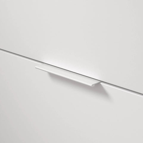 White Modern Cabinet And Drawer Edge Pull Handle Center To Center Five And One Sixteenth Inch 128 Mm installed on cabinet