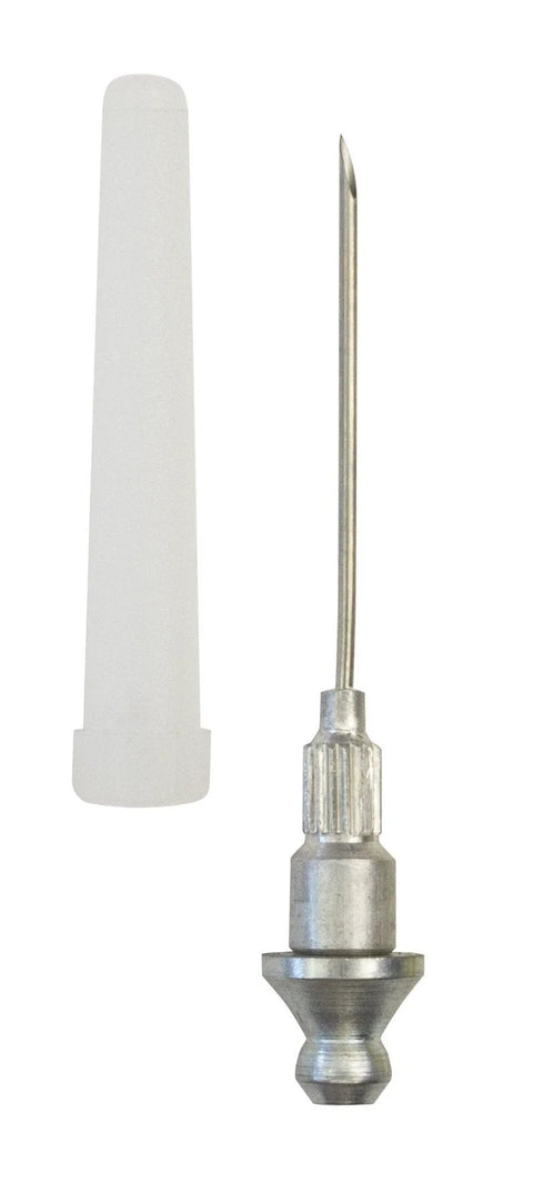 LockNLube grease injector needle with white protective cap; metal needle and knurled connector, front view