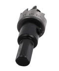Close-up of Pro Grade Heavy Duty HSS 17mm Hole Saw Cutter Kit with 5mm drill bit and spring-loaded design