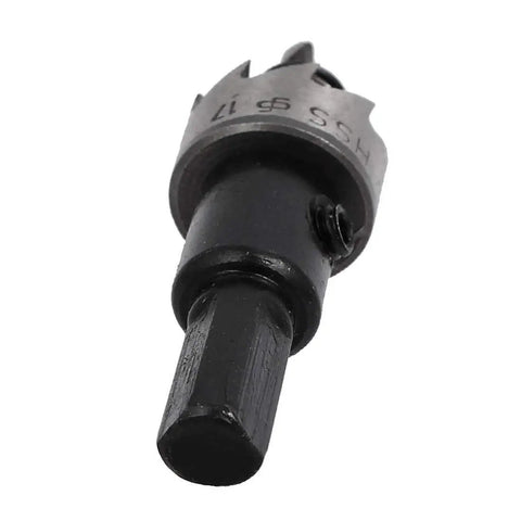 Premium HSS Hole Saw Set with 17mm cut diameter and 14mm cutting depth, spring loaded twist drill bit, close-up view