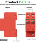 Front and side view of Two Pole 40KA DC Surge Protector for Solar PV and Home Lightning Protection with 35mm DIN Rail Mount.