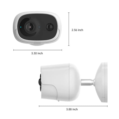Wireless Outdoor Security Camera 1080P with Solar Panel and 5200mAh Battery shown front and side dimensions