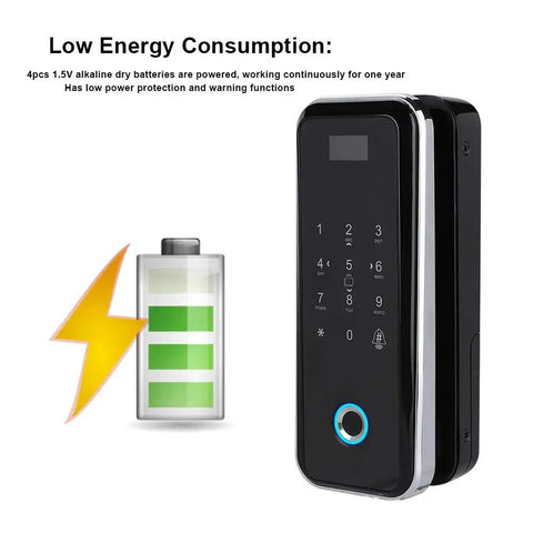 Keyless Entry Door Lock With Keypad And Fingerprint, Dope Smart Glass Door Lock With Password And Swipe, Remote Unlock For Home And Office, Advanced Access Control System, Low Battery Ready, Easy Install next to low energy battery icon