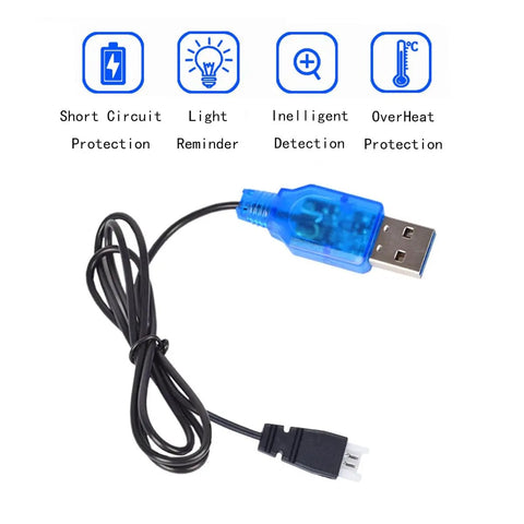 USB cable for 2 Pack 3.7V 150mAh 20C LiPo Battery With USB Cable For JJRC H8 Mini U207 X2 H2 RC Drones, protection features shown.