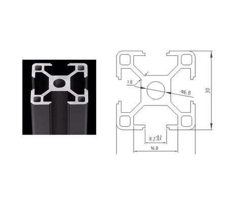 3030 Aluminum Extrusion Profile Black Anodized 2000mm Linear Rail European Standard For 3D Printer And CNC DIY, 4 Piece Set, 1.8mm Thick, 3030 profile cross-section drawing