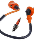 High Performance GY6 Ignition Coil Kit For 50cc 125cc 150cc Scooters ATVs Mopeds Go Karts And Dirt Bikes With 6 Pin CDI And 3 Electrode Spark Plug Fits TaoTao Roketa Buyang Coolspor Honda TRX200 Series Race Ready, showing coil and spark plug.