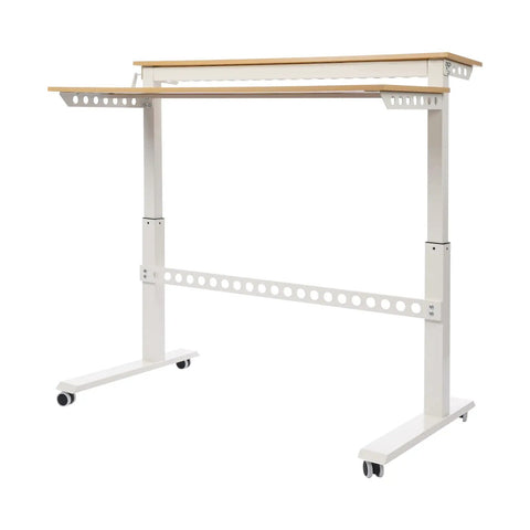 Heavy Duty Dual Tier Standing Desk With Smooth Crank Lift Tough Locking Wheels And Roomy Carbon Steel Desktop For Home Office view with white frame and wooden top.