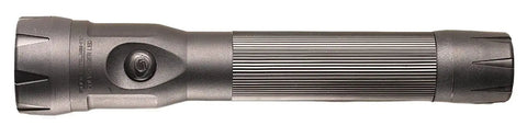 Side view of Stinger DS 425 Lumen 26000 Candela Rechargeable LED Flashlight with dual switches, black design for outdoor and emergency use.