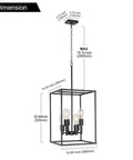 6 Light Black Farmhouse Pendant Chandelier With Square Cage Shades for Kitchen, Dining Room, Entryway, shown with dimensions.