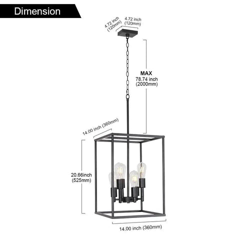 6 Light Black Farmhouse Pendant Chandelier With Square Cage Shades for Kitchen, Dining Room, Entryway, shown with dimensions.