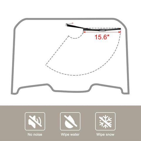 Universal Fifteen Point Six Inch UTV And Golf Cart Wiper Blade With Manual Arm Kit on windshield diagram showing wipe area.