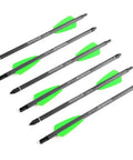 Five 7.5 Inch Carbon Crossbow Bolts with 2 Inch Green Vanes and 100 Grain Removable Tips on white background