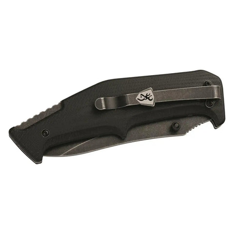 Folded Outdoorsman Survival Combo Knife With Assisted Opening, 4.5 Inch Closed, Black G10 Handle, Pocket Clip visible