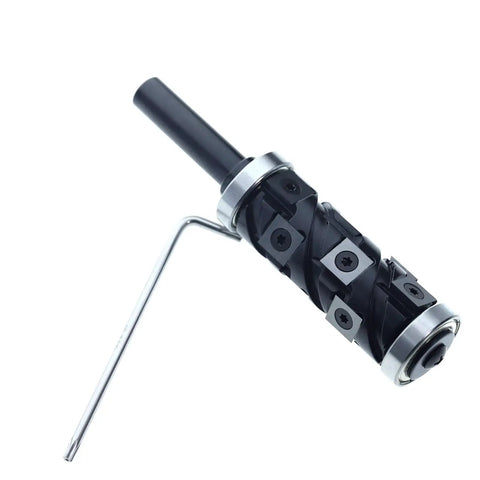 Rock Solid Spiral Flush Trim Router Bit Set With Half Inch Shank Dual Bearing Template Guide showing carbide inserts and holder.