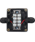 All Weather IP67 Junction Box For Indoor And Outdoor Electrical Projects With Eight Position 15 Amp Barrier Terminals, Three In Three Out Cable Glands, Rugged Built Tough Plastic Enclosure, Weatherproof Outdoor Grade, 3.94 By 2.68 By 1.97 Inches black ABS box with 8P terminal