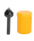 Pro Level V Shape Router Bit Packing Heavy Duty Quarter Inch Shank for Ninety Degree Chamfering and Forty Five Degree Milling with yellow protective cap.