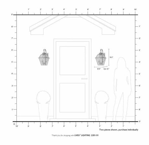 Westover Two Light Outdoor Wall Lantern in charcoal finish with clear beveled glass shown on exterior wall blueprint.
