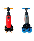 Cordless Electric Floor Scrubber With 360 Degree Steering And 90 Minute Runtime For Restaurant Kitchens, Tile And Sealed Hardwood Floors, Pro Grade Cleaner In Gray. Front and back view of floor scrubber with blue brushes and ergonomic handle.