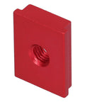 Close-up of a single red aluminum sliding nut from the Red Aluminum Sliding Nut T Track Slider 5 Pack With Dual Metric Threads M6.