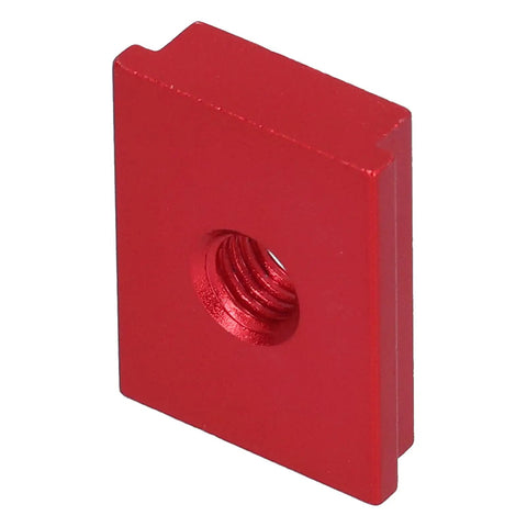 Close-up of a single red aluminum sliding nut from the Red Aluminum Sliding Nut T Track Slider 5 Pack With Dual Metric Threads M6.