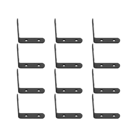 Heavy Duty L Shaped Stainless Steel Corner Brackets 12 Pack in black, ideal for sturdy right angle connections.