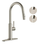JOMOO Brushed Nickel Kitchen Faucet with Pull Down Sprayer, 2-Mode side view showing dual spray modes and tall gooseneck design.
