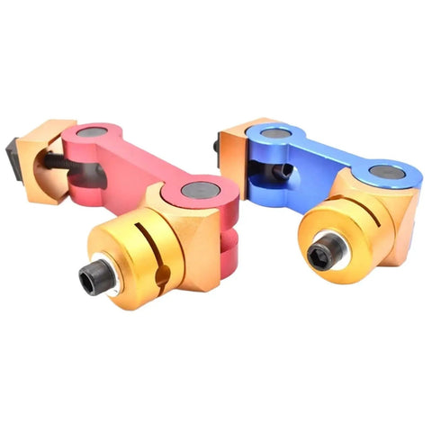 Universal Adjustable Works Stop Positioner For Cnc Mill And Lathe Machining Precision Locator Tool With M14 Threads in red and blue metal.